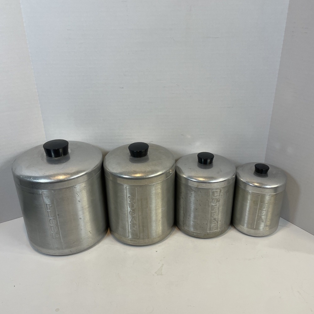 Mid-Century Aluminum 4 Piece Kitchen Canister Set Flour Sugar Coffee Tea VTG